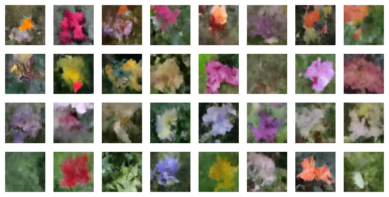 A grid of 32 flower images generated from noise by a small diffusion transformer